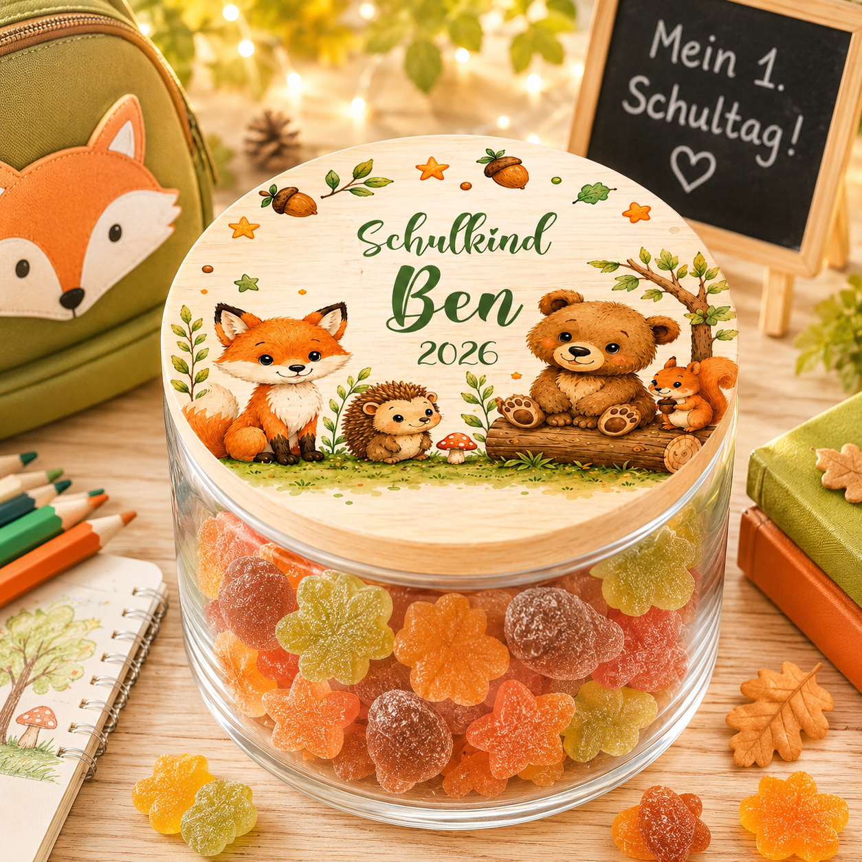 Personalisiertes Vorratsglas zur Einschulung mit Fuchs, Bär, Igel und Eichhörnchen auf hochwertigem Holzdeckel. Waldtiere Geschenk mit Wunschname für Schulkinder.