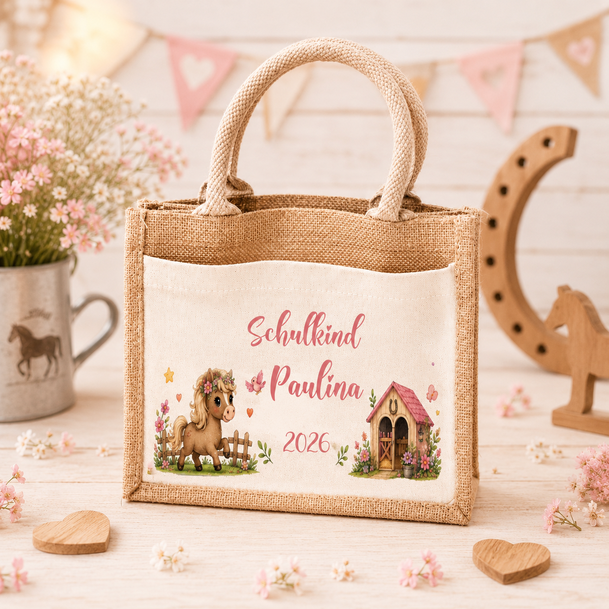 Personalisierte Jutetasche mit Pferd und Namen für die Einschulung. Hochwertige Tasche als Geschenk für Schulanfängerinnen und kleine Pferdefans.