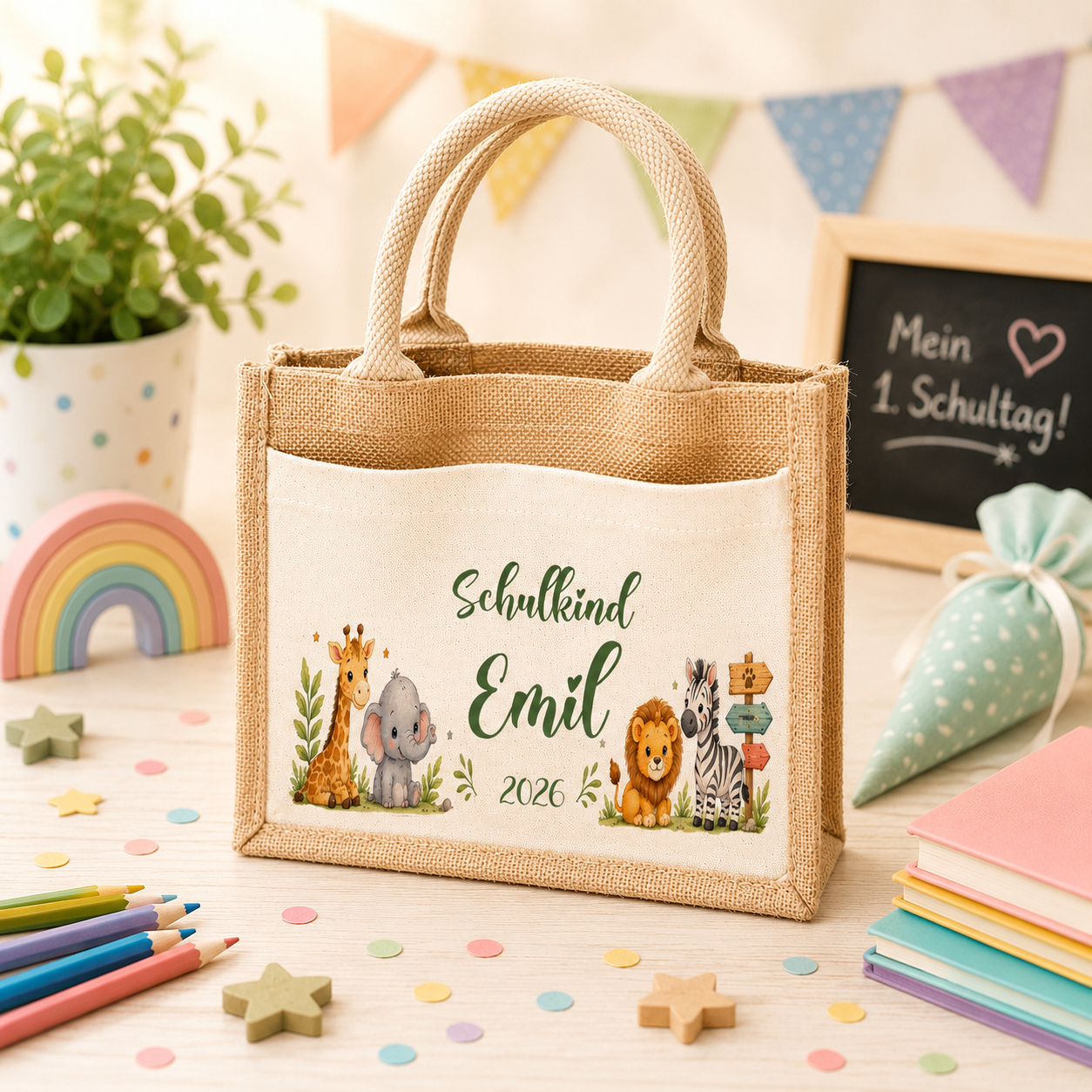 Personalisierte Jutetasche mit Safari-Tieren und Wunschname. Hochwertige Schultasche als Geschenk zur Einschulung für Jungen mit Giraffe, Elefant, Löwe und Zebra.