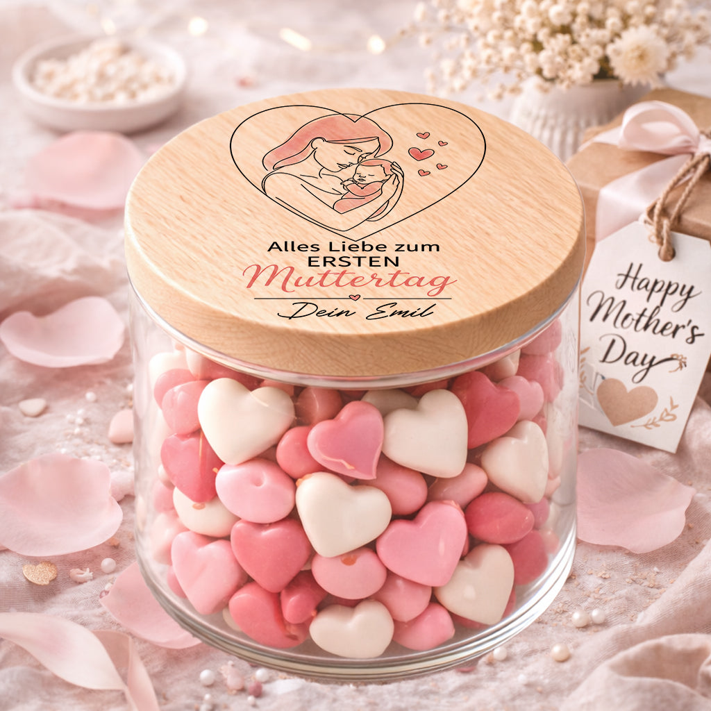 Personalisiertes Geschenk zum ersten Muttertag mit Gravur und rosa One Line Art Motiv von Mama und Baby