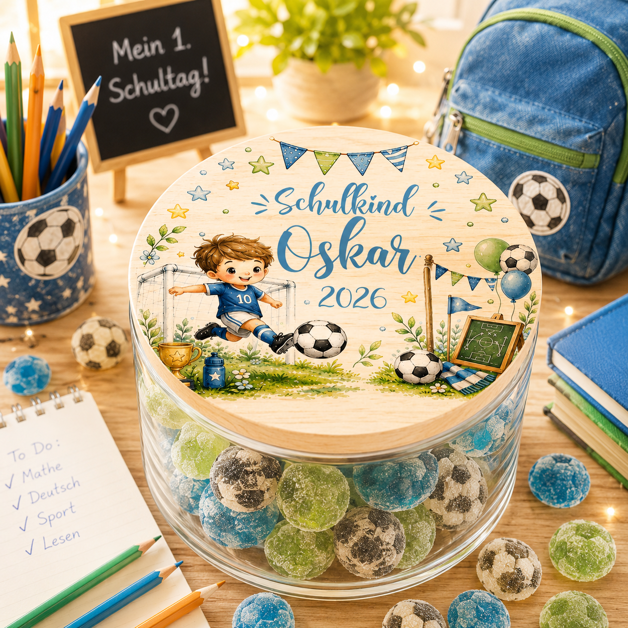 Personalisiertes Fußball Vorratsglas zur Einschulung mit Name auf Holzdeckel. Geschenk für Schulkind, Fußballfan und Schulanfänger mit Fußballmotiv und Tor.