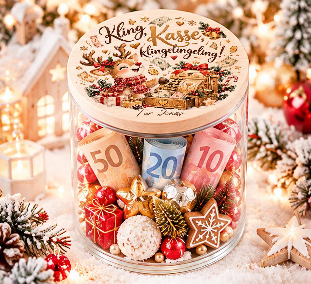Personalisiertes Weihnachtsgeldgeschenk im Glas mit Rentier, Registrierkasse und Spruch Kling Kasse klingelingeling