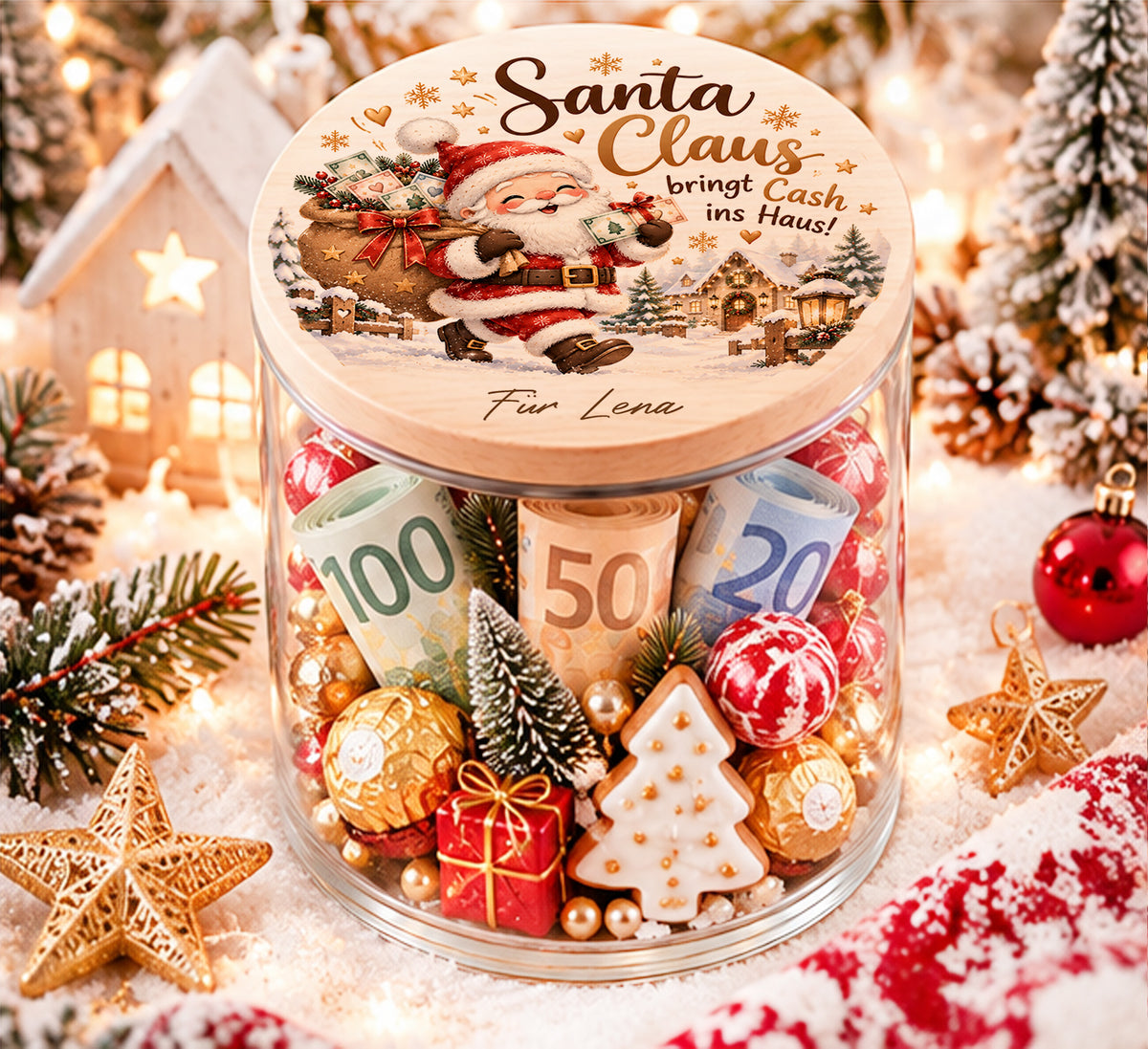 Personalisiertes Geldgeschenk zu Weihnachten im Glas mit Weihnachtsmann und Spruch Santa Claus bringt Cash ins Haus