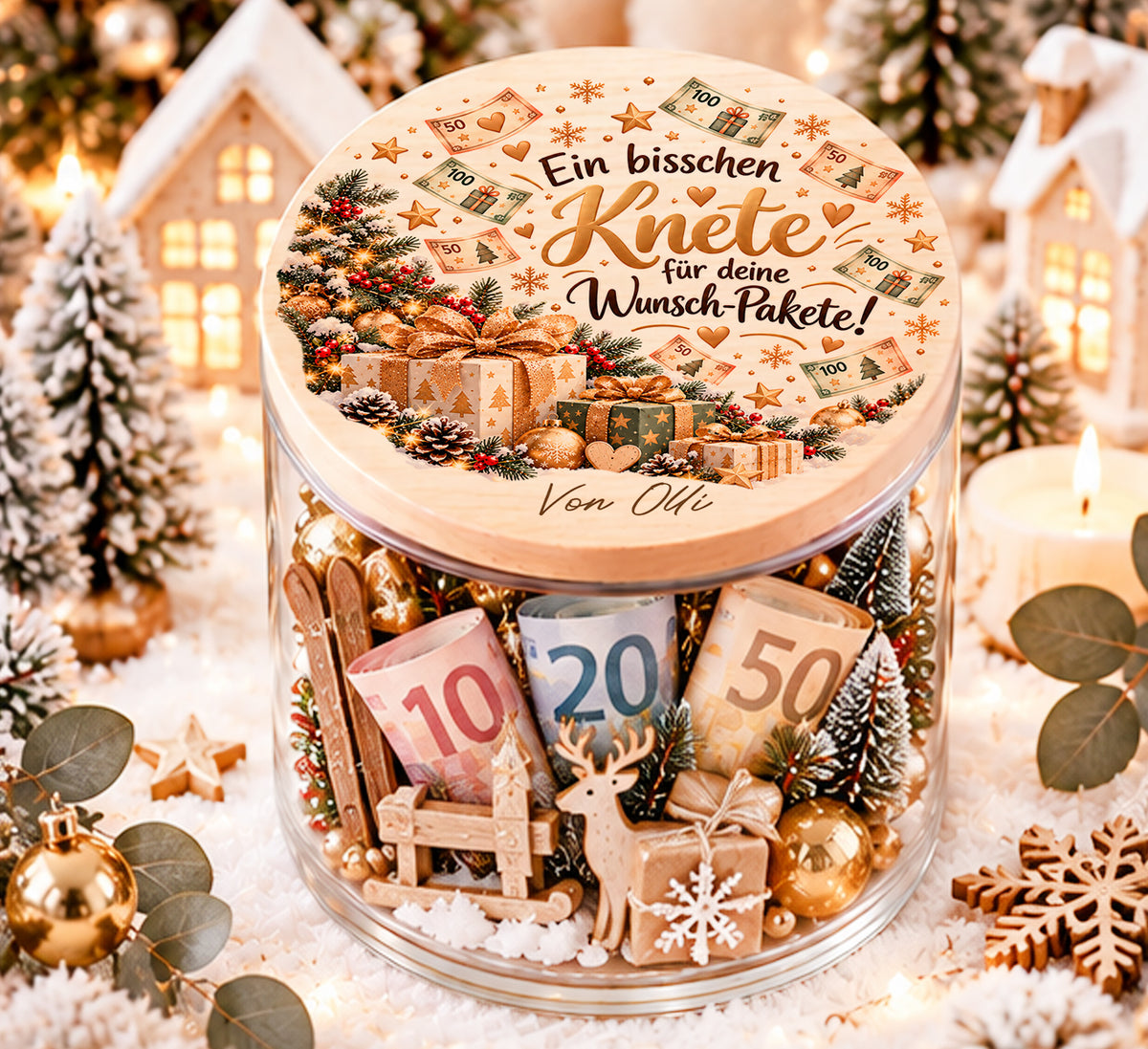 Lustiges Geldgeschenk zu Weihnachten im Glas mit Spruch Ein bisschen Knete für deine Wunsch-Pakete