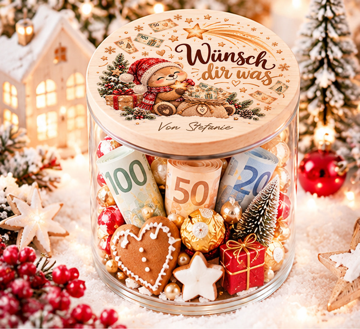 Personalisiertes Geldgeschenk zu Weihnachten im Glas mit Weihnachtsbär und Schriftzug Wünsch dir was