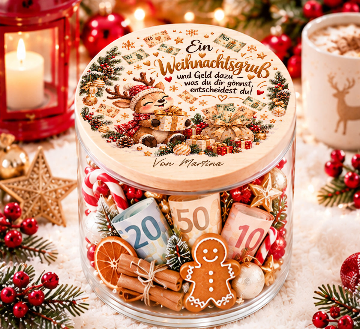 Personalisiertes Geldgeschenk zu Weihnachten im Glas mit Rentier und Spruch Ein Weihnachtsgruß und Geld dazu