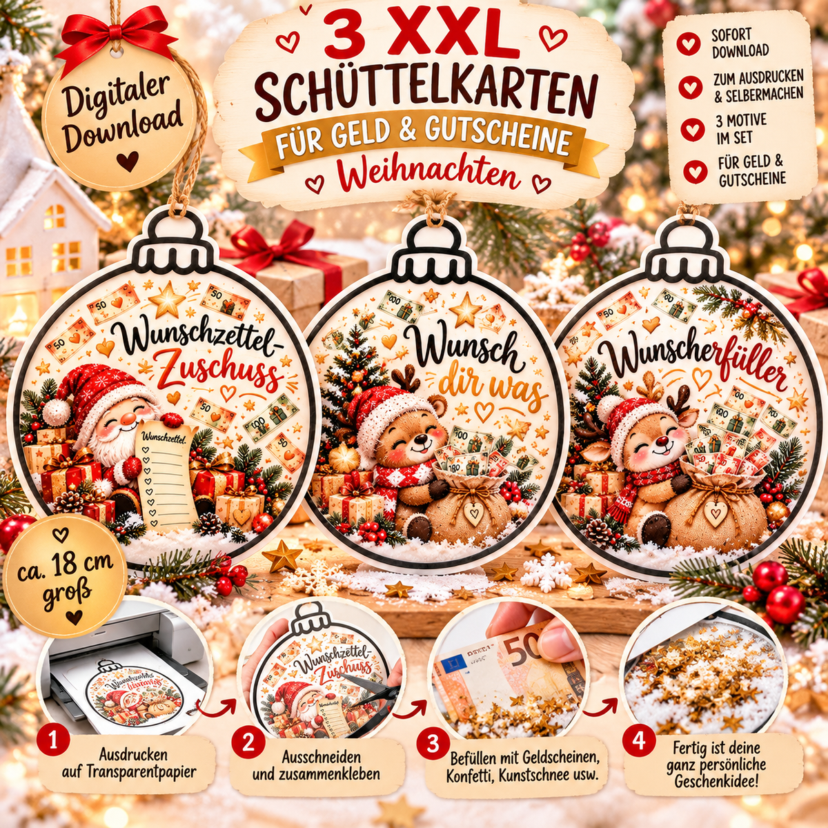 Drei digitale Wunscherfüller-Weihnachtskugeln zum Ausdrucken und Basteln