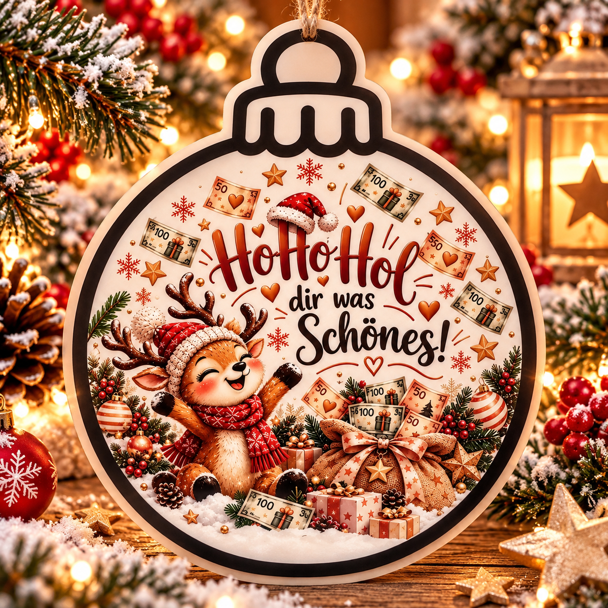 Weihnachts-Schüttelkarte mit Rentier und Spruch Ho Ho Hol dir was Schönes
