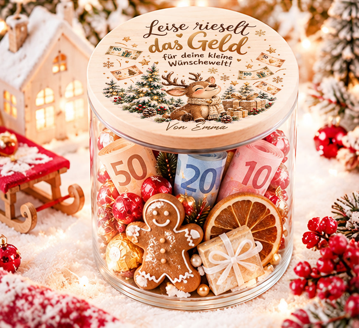 Personalisiertes Geldgeschenk zu Weihnachten im Glas mit Rentier und Spruch Leise rieselt das Geld