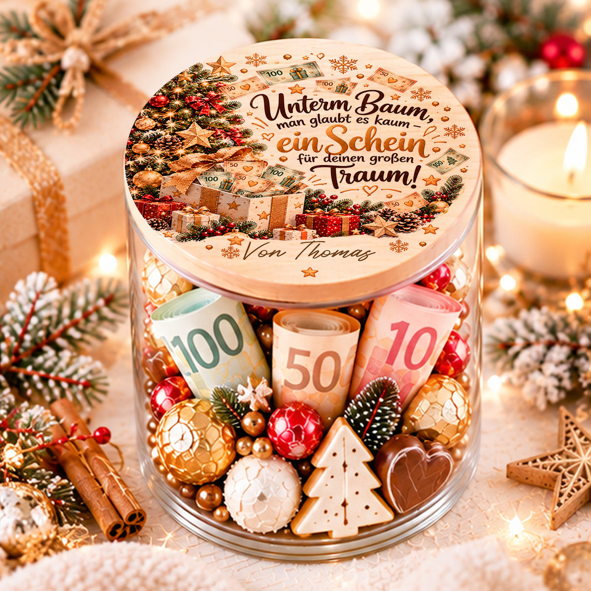 Personalisiertes Geldgeschenk zu Weihnachten im Glas mit Weihnachtsbaum und Spruch Ein Schein für deinen großen Traum