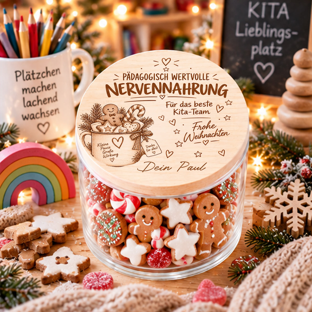 Personalisiertes Weihnachtsgeschenk für das Kita-Team – Vorratsglas mit pädagogisch wertvoller Nervennahrung