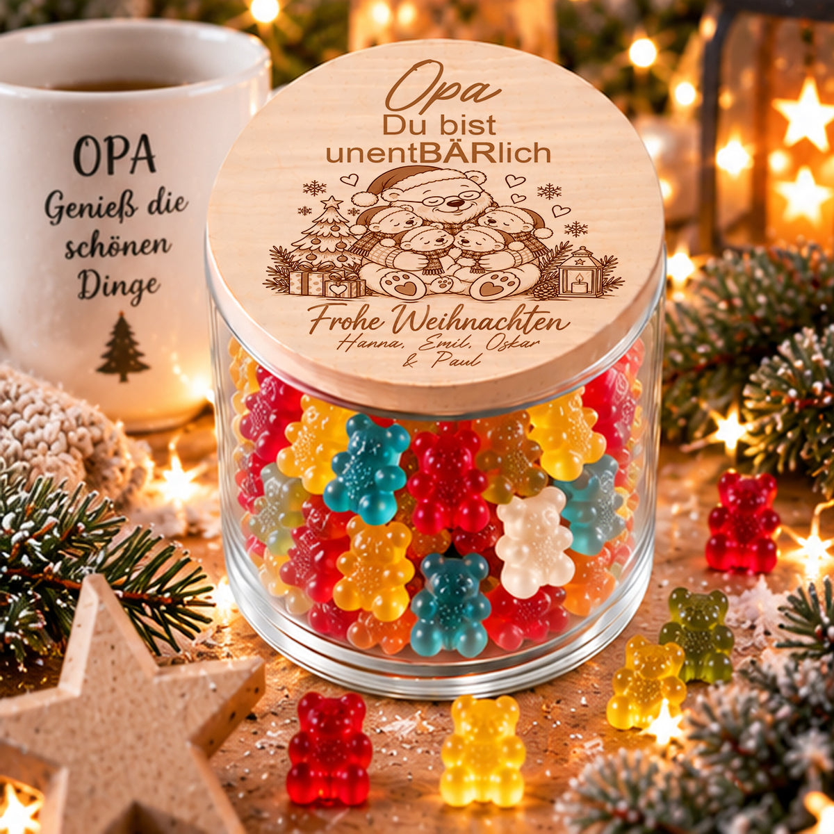 Personalisiertes Weihnachtsgeschenk für Opa von vier Enkelkindern mit Opa-Bär und vier Bärenkindern