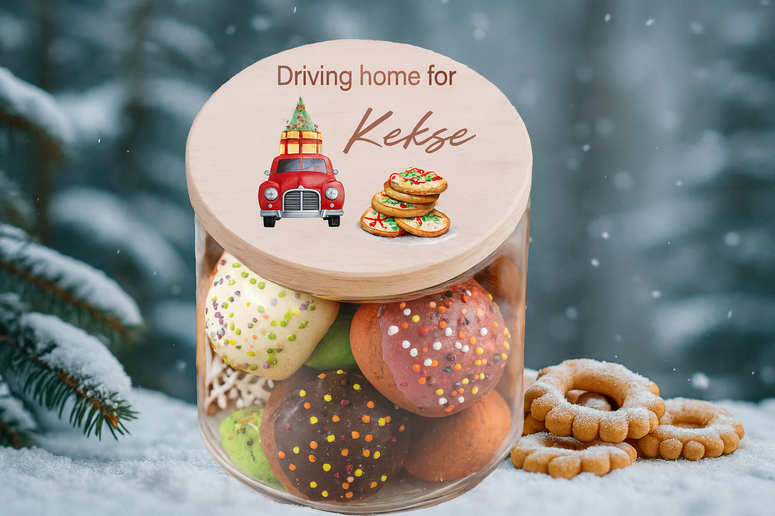 Personalisierte Keksdose aus Glas mit Holzdeckel als Weihnachtsgeschenk