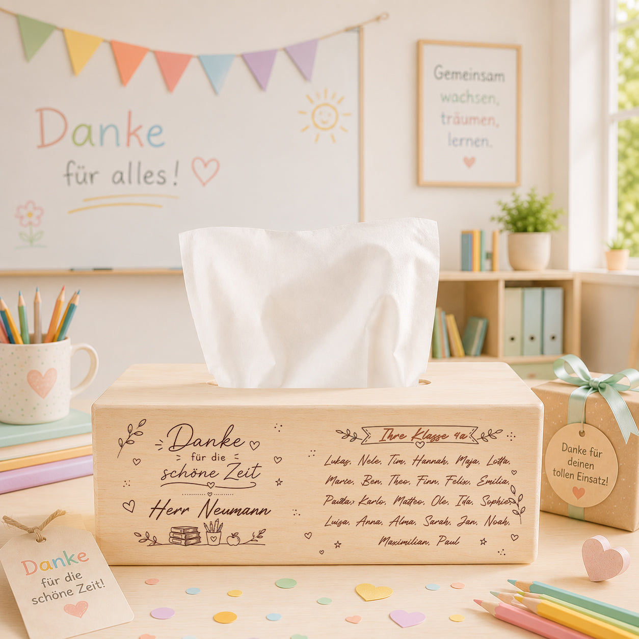 Personalisierte Taschentücherbox aus Holz für Lehrer mit Klassenname und Kindernamen als Abschiedsgeschenk der Schulklasse