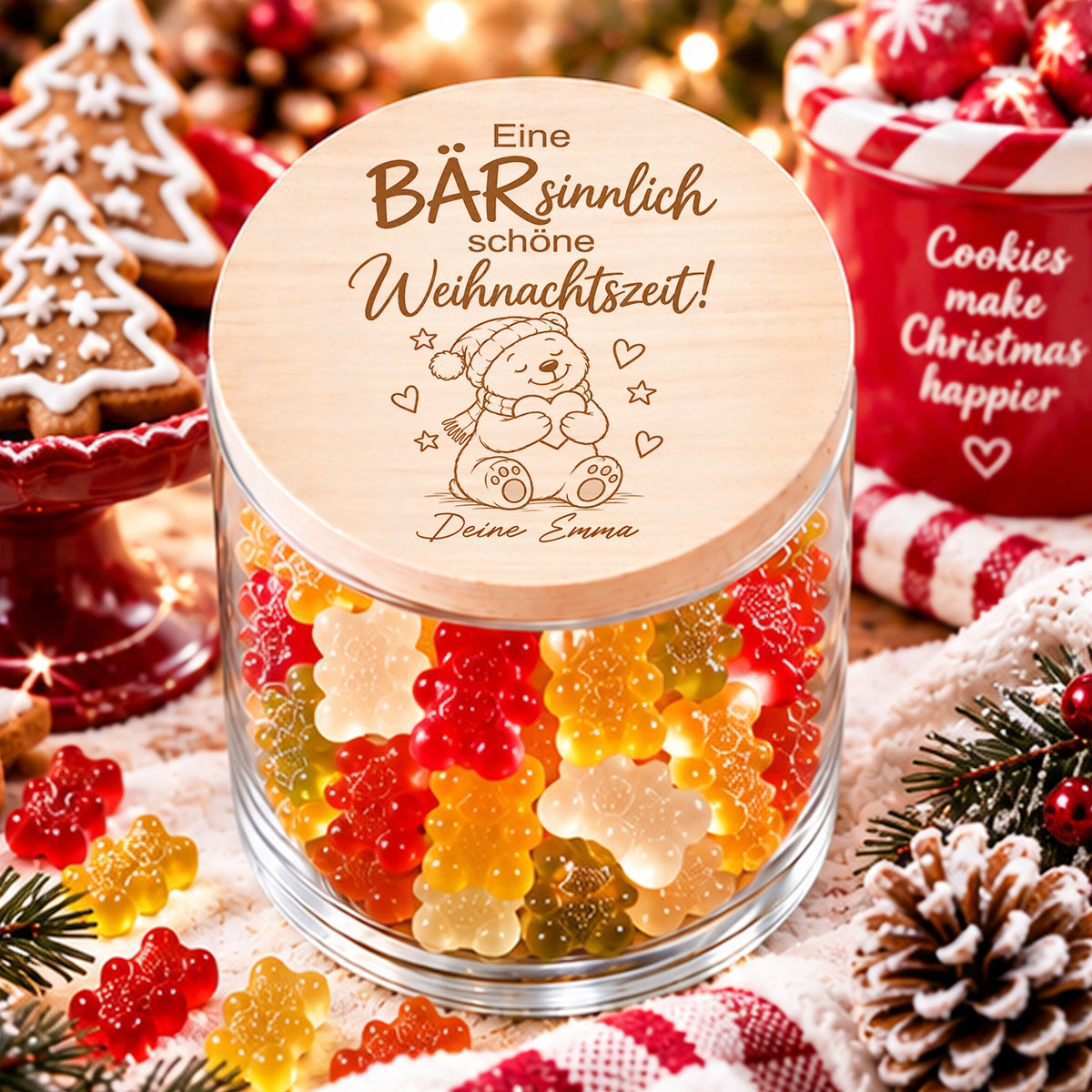 Gummibärchen Glas als Weihnachtsgeschenk mit Name und Bärenmotiv