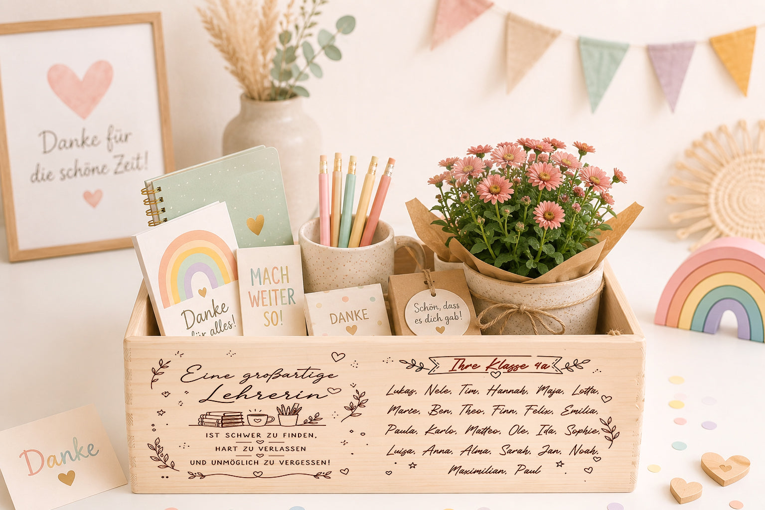 Personalisierte Holzkiste als Abschiedsgeschenk für Lehrerin mit Kindernamen der Klasse, hochwertig bedruckt mit Dankesbotschaft. Gefüllt als Geschenkbox zum Schulabschluss der Grundschule mit Blumen, Notizbuch und kleinen Aufmerksamkeiten.