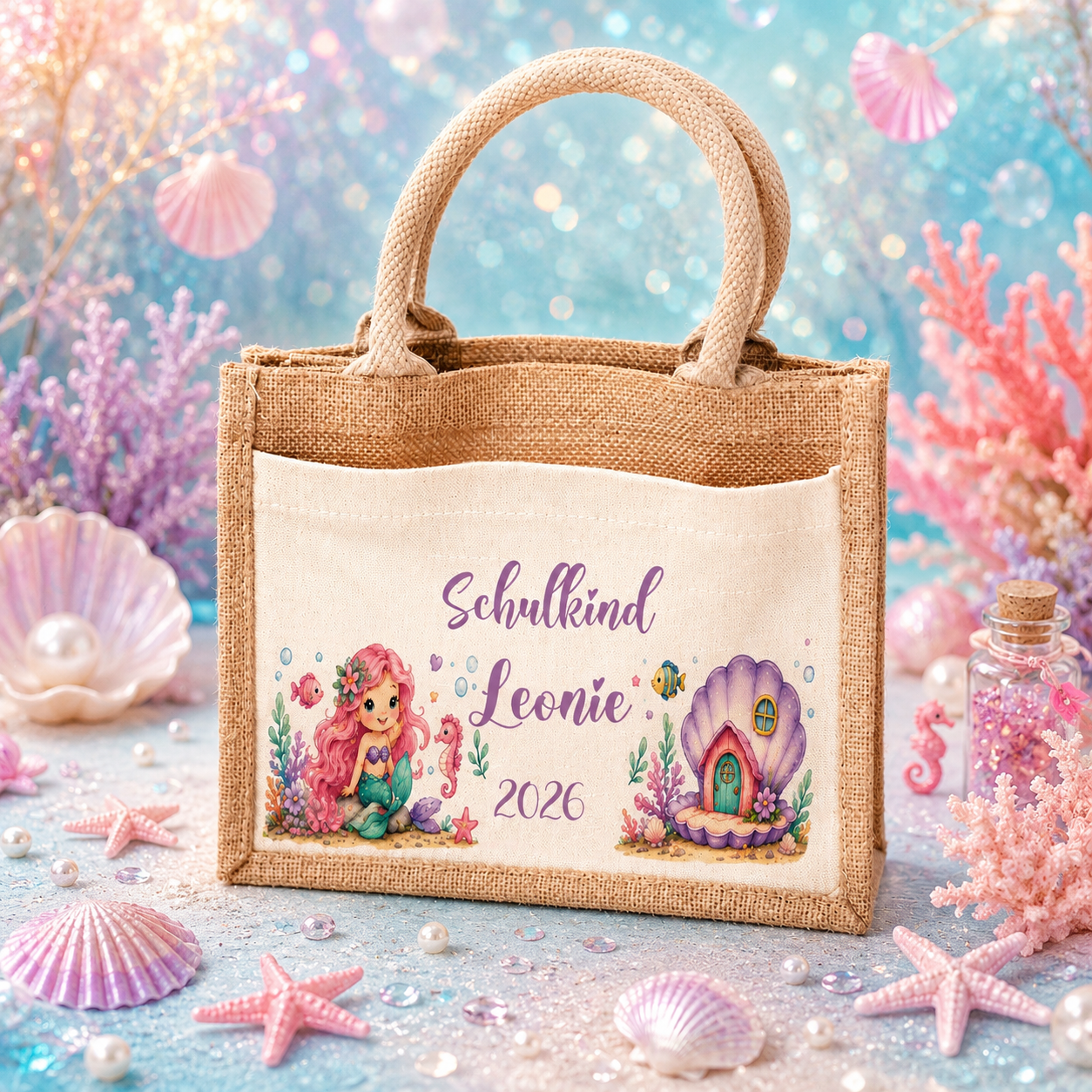 Personalisierte Jutetasche mit Meerjungfrau und Namen für die Einschulung. Hochwertige Tasche für Schulanfängerinnen als Geschenk zum ersten Schultag und für Kindergarten oder Schule.