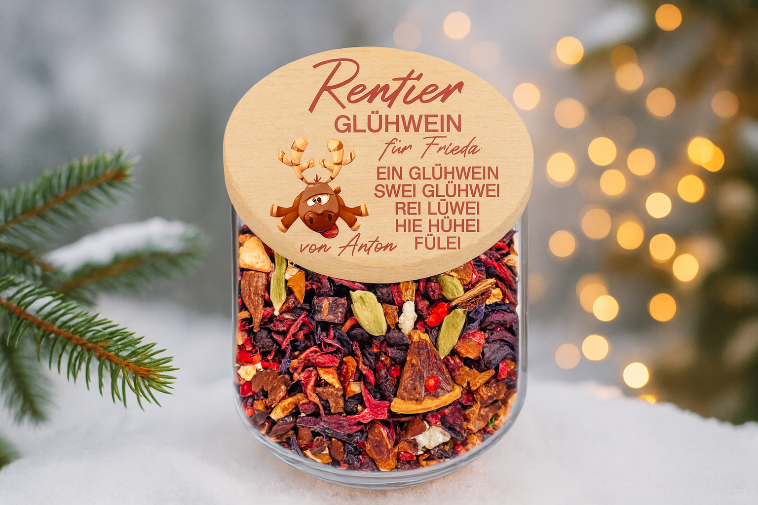 Vorratsglas mit Rentiermotiv und Wunschtext für Plätzchen