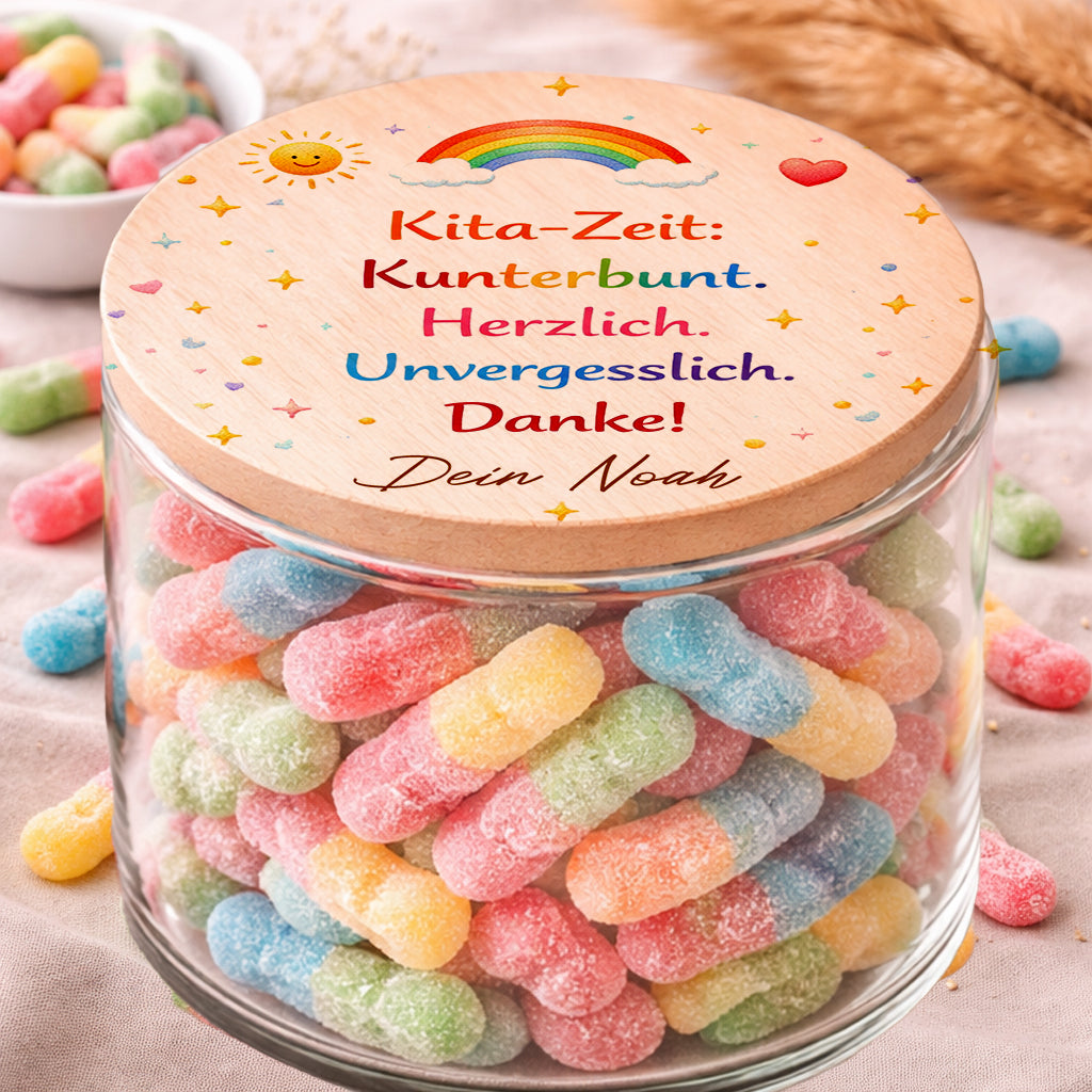 Personalisiertes Kita Abschied Geschenk Vorratsglas Kunterbunt Herzlich Unvergesslich mit Namen