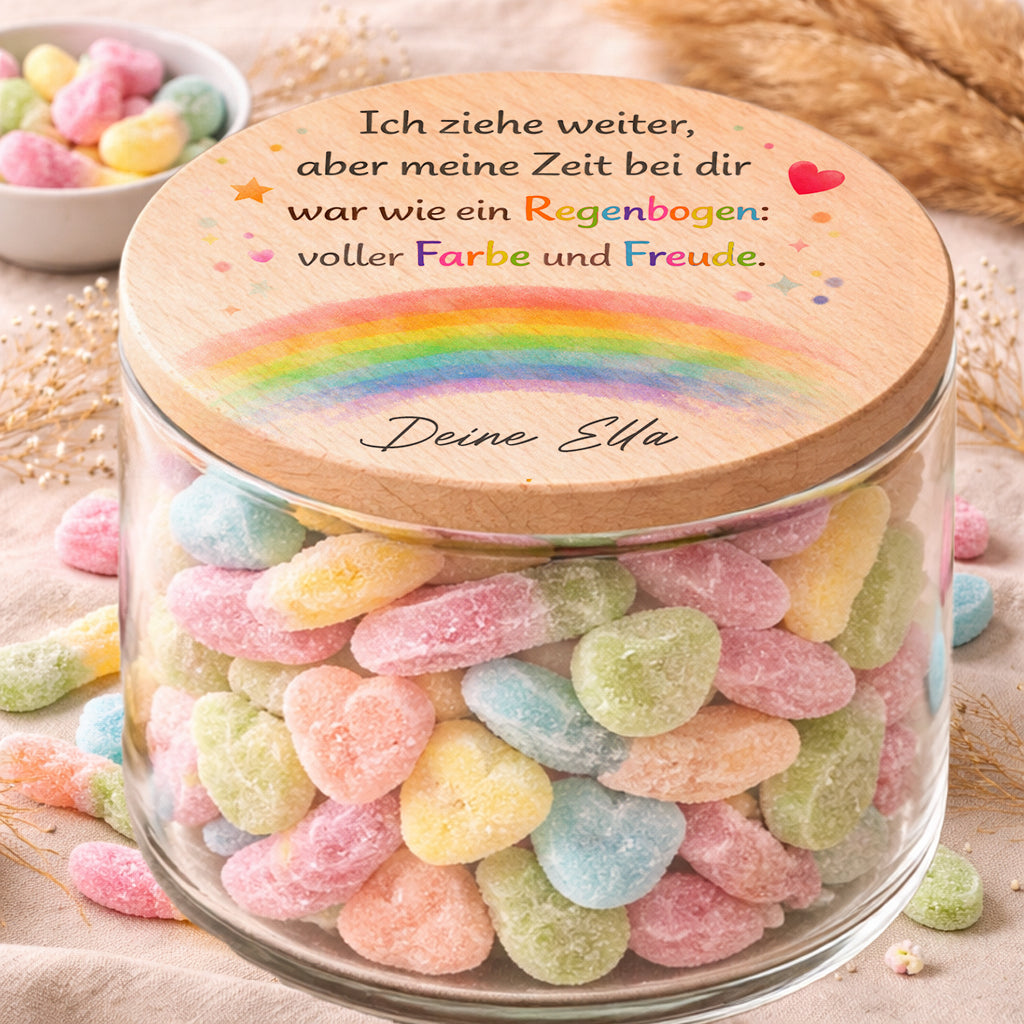 Personalisiertes Kita Abschied Geschenk Vorratsglas Regenbogen mit Spruch und Namen
