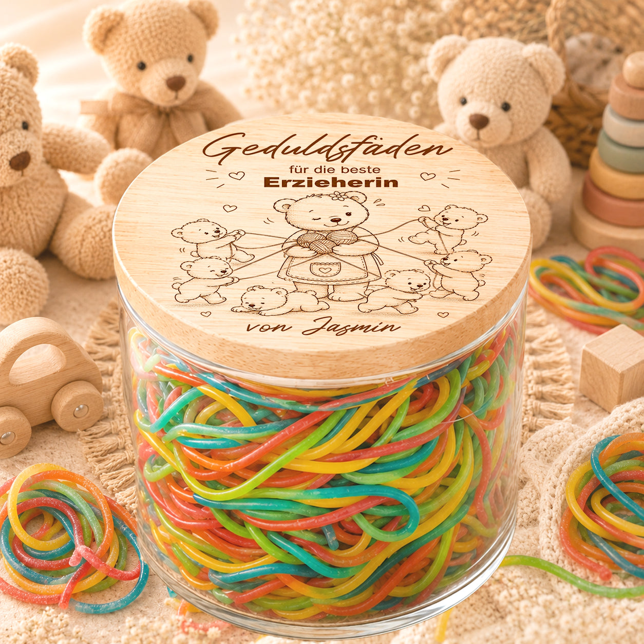 Kita Abschiedsgeschenk Erzieherin personalisiert mit Geduldsfäden Spruch und bunten Fruchtgummi Schnüren im Glas