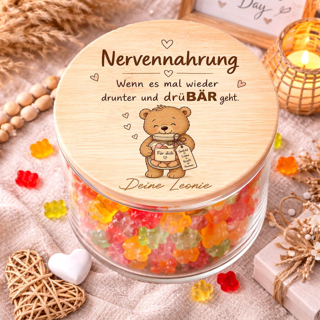 Kita Abschiedsgeschenk Erzieherin personalisiert mit Nervennahrung Spruch und bunten Gummibärchen im Glas