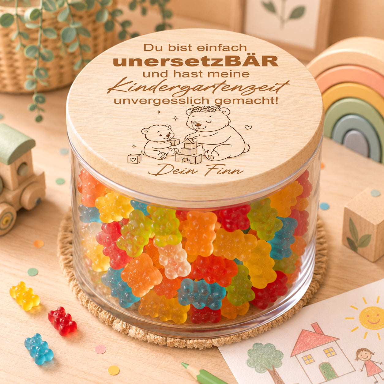 Kita Abschiedsgeschenk für Erzieherin personalisiert mit unersetzBÄR Spruch und Gummibärchen Glas