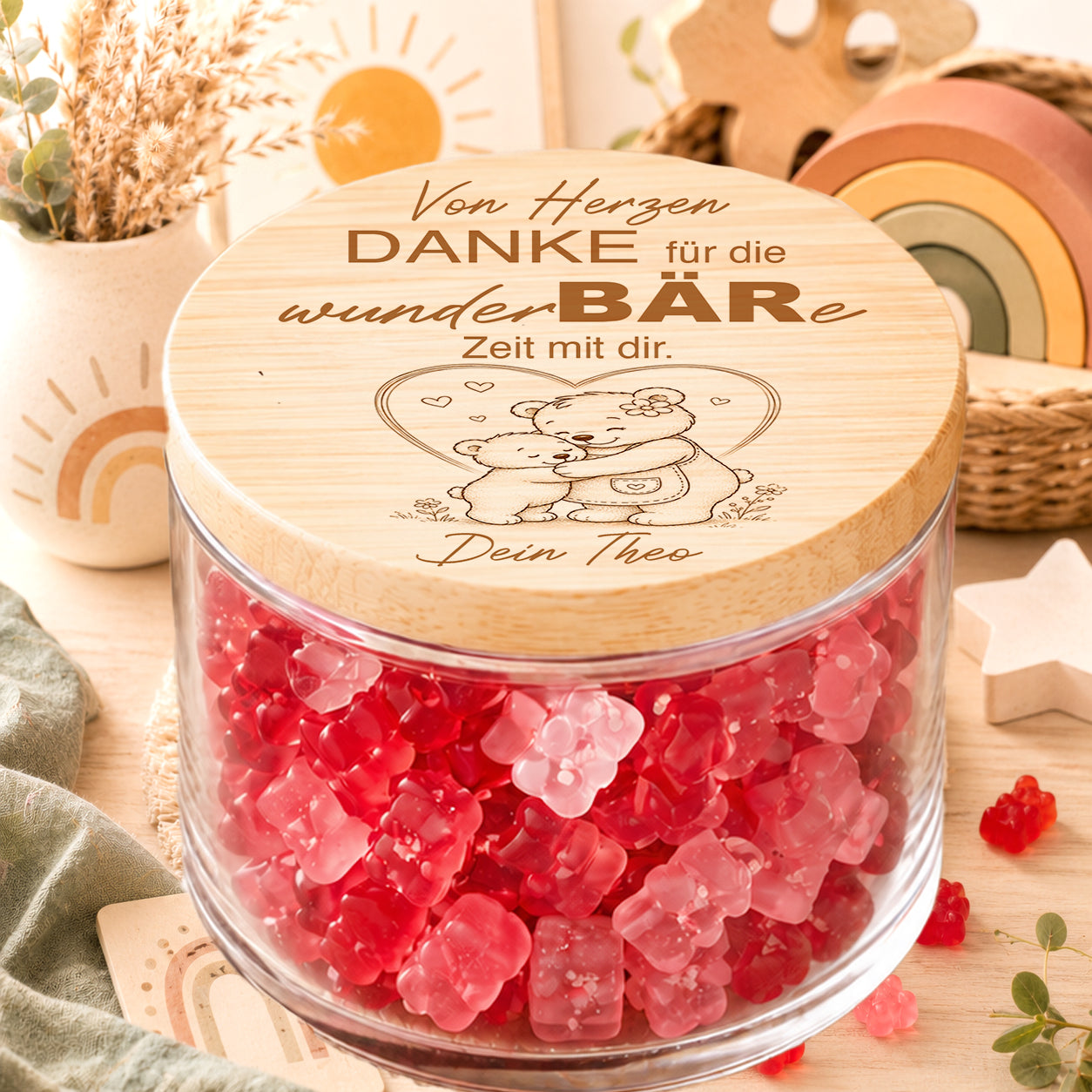 Personalisiertes Kita Abschiedsgeschenk für Erzieherin mit Gummibärchen Glas und Spruch Von Herzen Danke für die wunderBÄRe Zeit