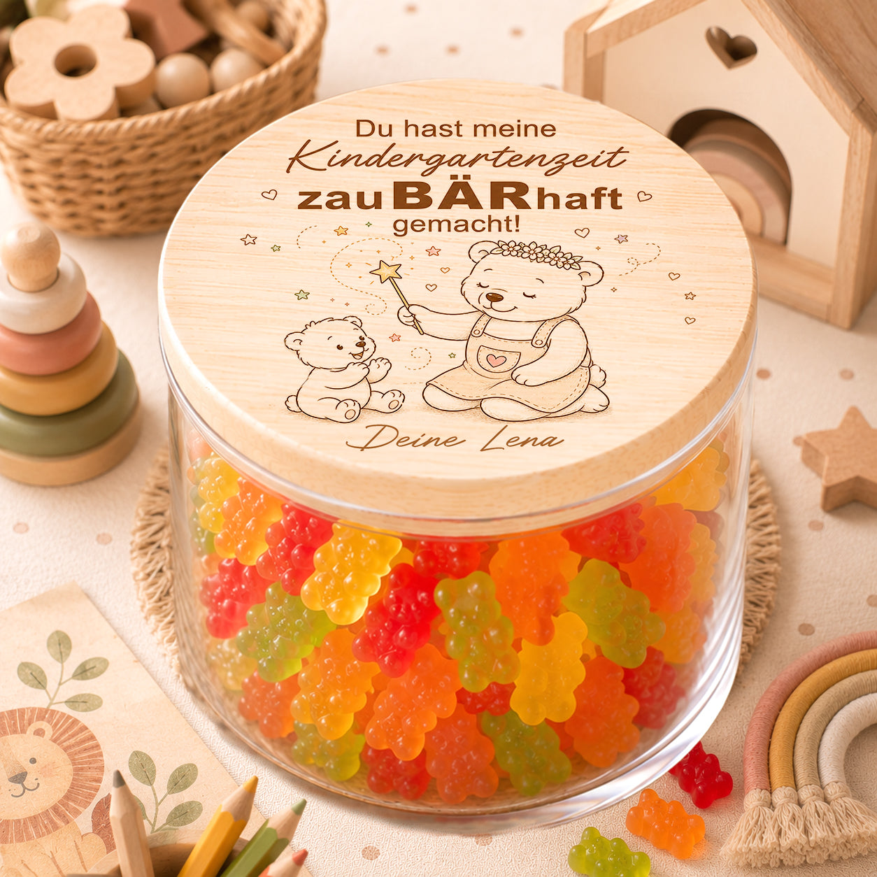 Kita Abschiedsgeschenk Erzieherin personalisiert mit zauBÄRhaft Spruch und bunten Gummibärchen im Glas