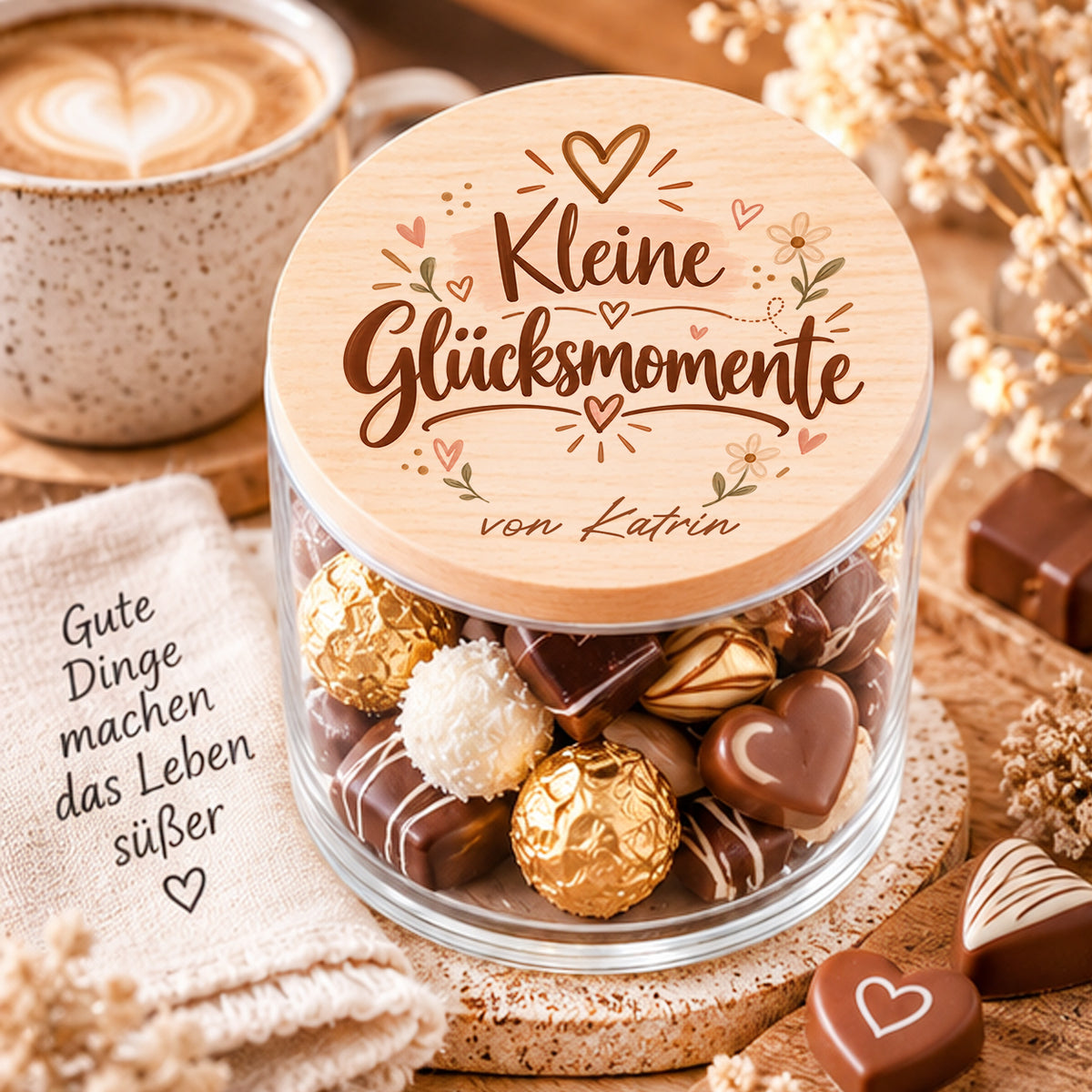 Kleine Aufmerksamkeit personalisiert – Vorratsglas Kleine Glücksmomente mit Holzdeckel und persönlicher Angabe