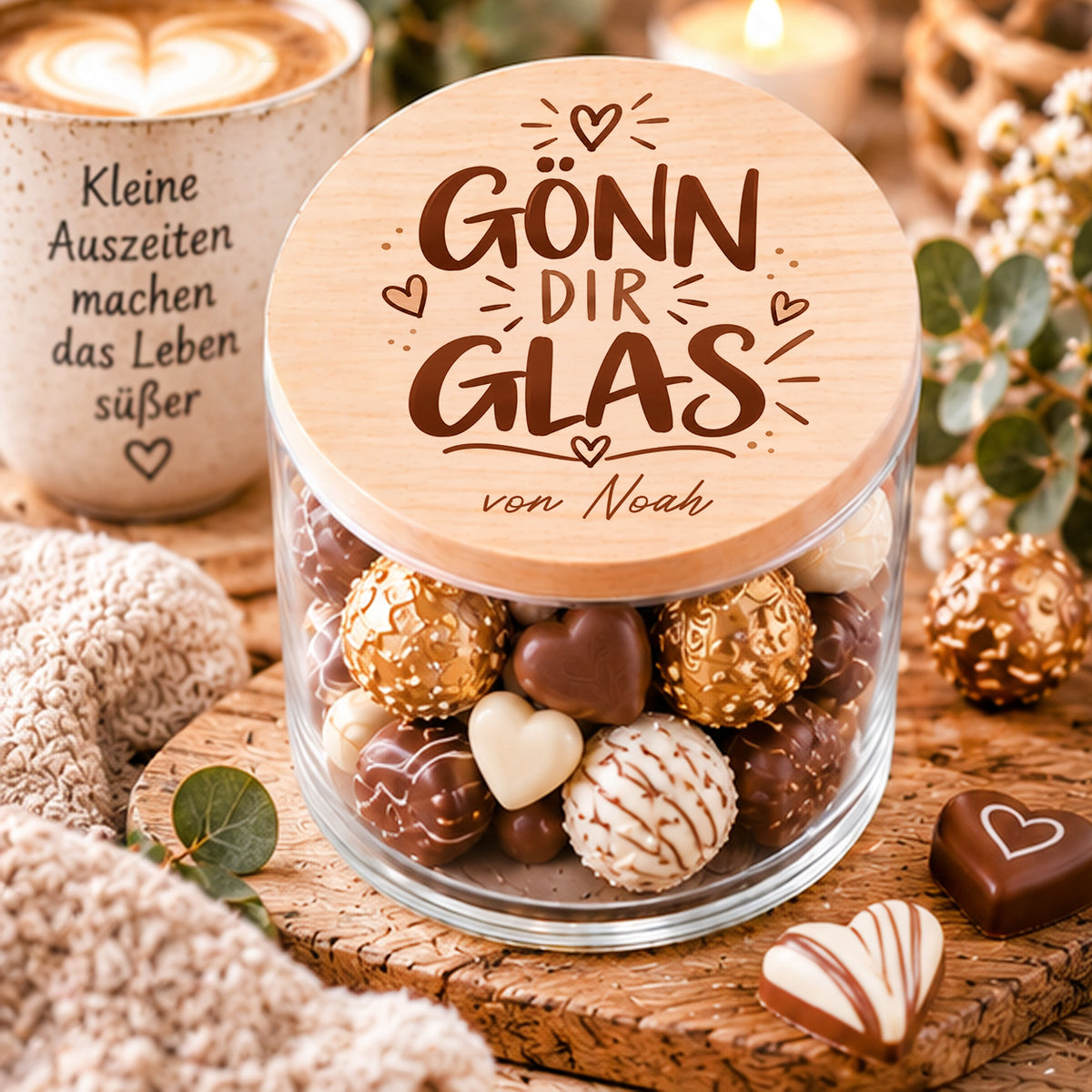 Personalisiertes Vorratsglas Gönn dir Glas mit Holzdeckel und Pralinen als kleines Geschenk für zwischendurch