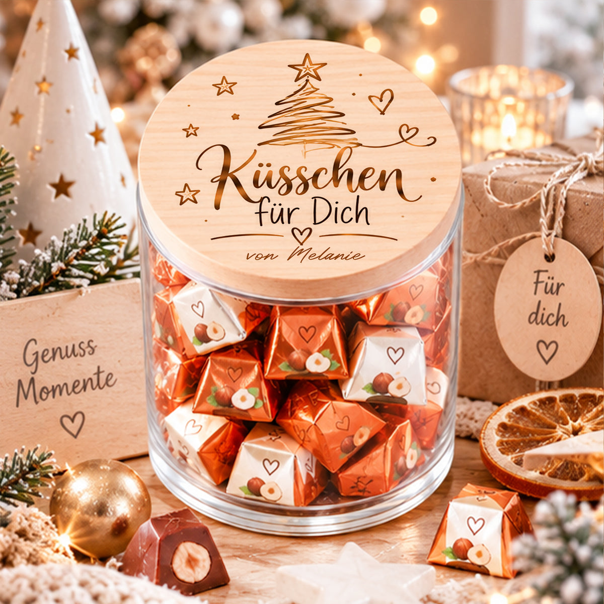 Kleines personalisiertes Weihnachtsgeschenk Küsschen für Dich – Vorratsglas mit Holzdeckel und Wunschname