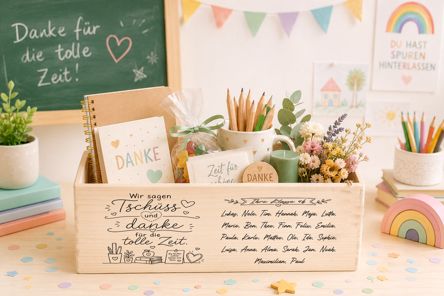 Personalisierte Holzkiste für Lehrer mit allen Kindernamen der Klasse als Abschiedsgeschenk zum Schulabschluss