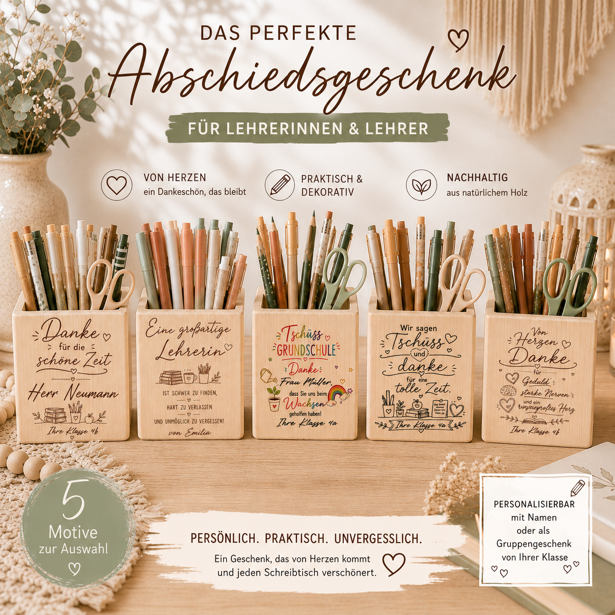 Liebevoll personalisierter Stiftehalter aus massivem Holz als besonderes Abschiedsgeschenk für Lehrerinnen und Lehrer. Mit Klassenname, Wunschtext und hochwertiger Personalisierung. Perfekt als Geschenk von der Klasse zum Schulabschluss.