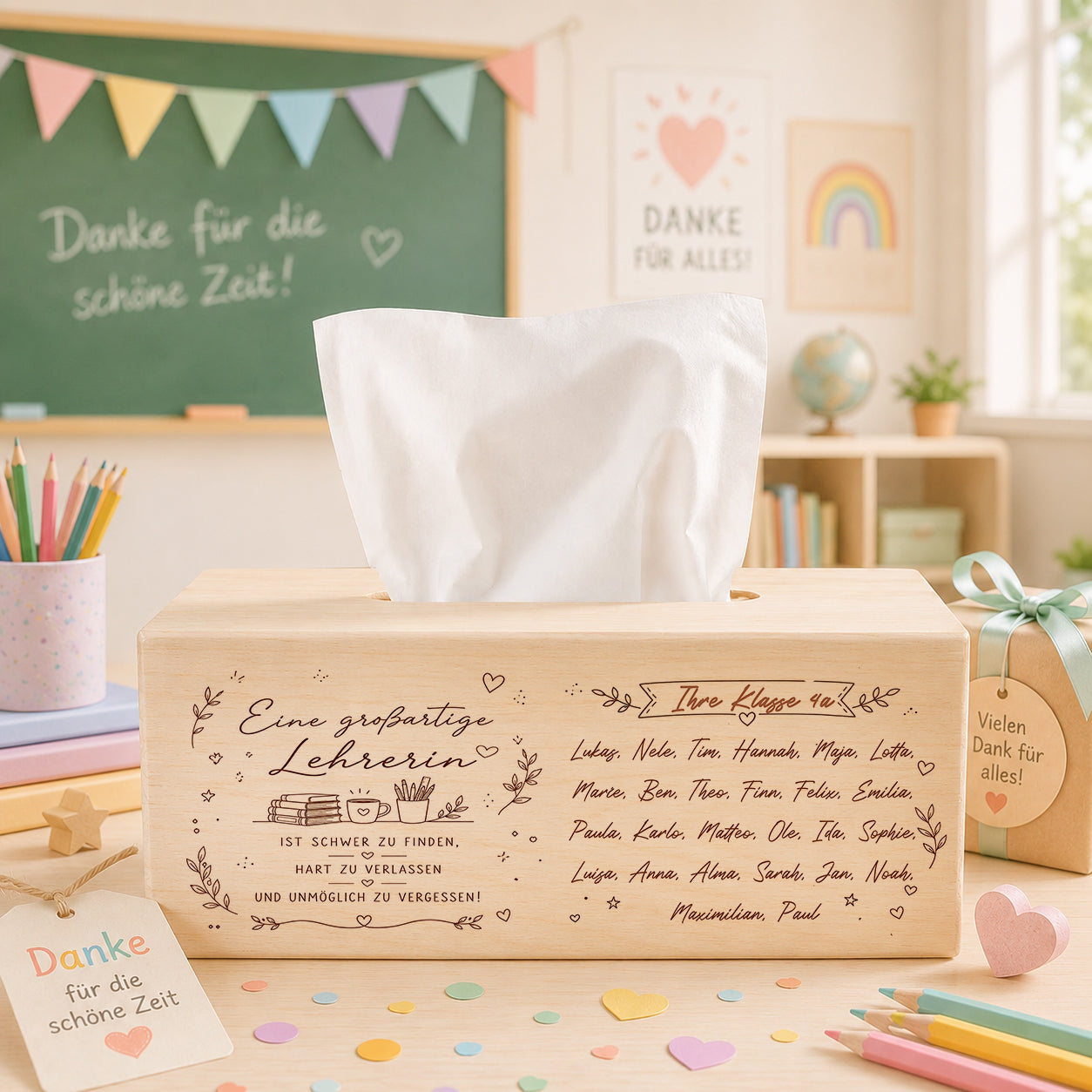 Personalisierte Taschentücherbox aus Holz für Lehrerin mit Kindernamen und Abschiedsspruch als Geschenk der Schulklasse zum Grundschulabschluss