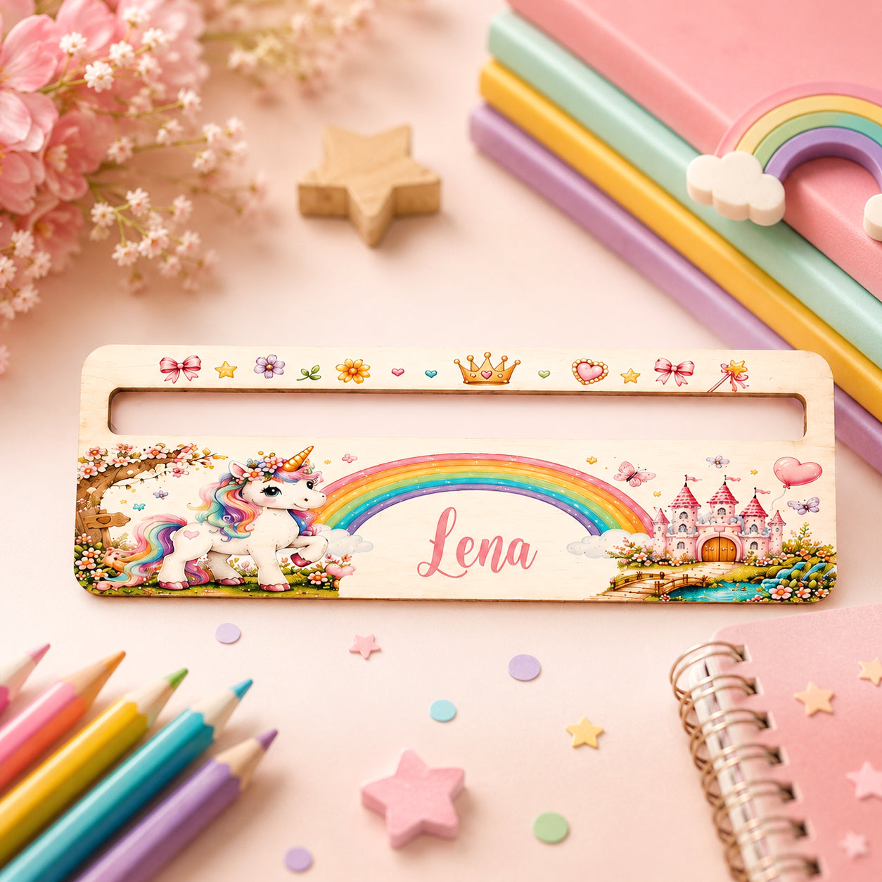 Personalisierte Lesehilfe aus Holz mit Einhornmotiv und Namen für Schulanfänger. Hochwertige Lesehilfe zur Einschulung als praktisches Geschenk für Mädchen und Jungen zum Lesenlernen.