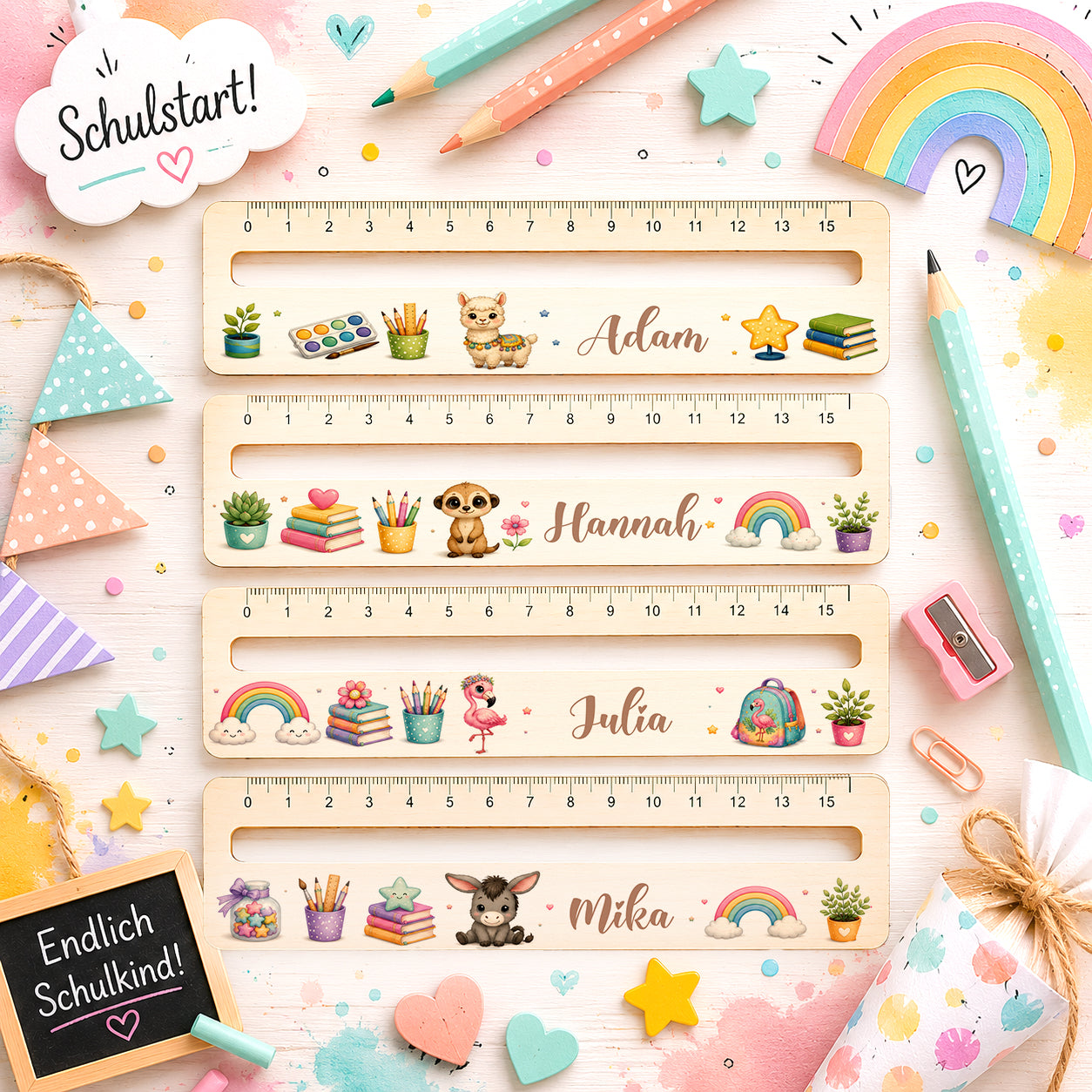 Personalisierte Lesehilfe aus Holz mit Wunschname und integriertem Lineal für Kinder mit Alpaka, Erdmännchen, Flamingo und Esel Motiv zur Einschulung