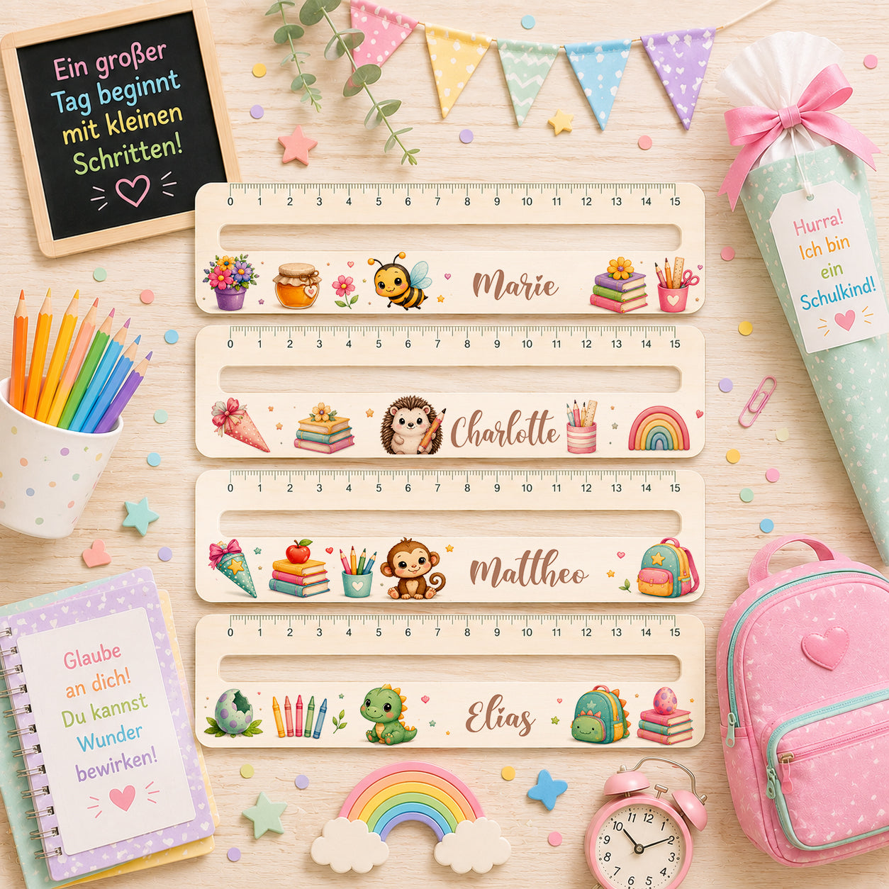 Personalisierte Lesehilfe aus Holz mit Name und integriertem Lineal für Schulanfänger mit Biene, Igel, Affe und Dino Motiv als Geschenk zur Einschulung