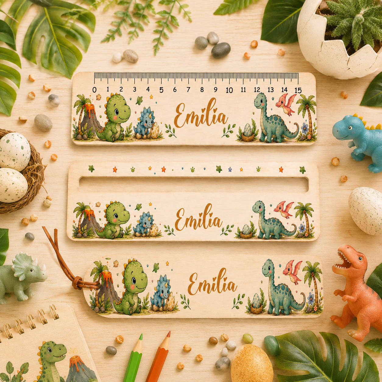 Personalisierte Lesehilfe aus Holz mit Dinosauriern, T-Rex, Langhals, Triceratops und Wunschname. Holz-Lineal, Lesezeichen oder Set zur Einschulung für kleine Dino-Fans.