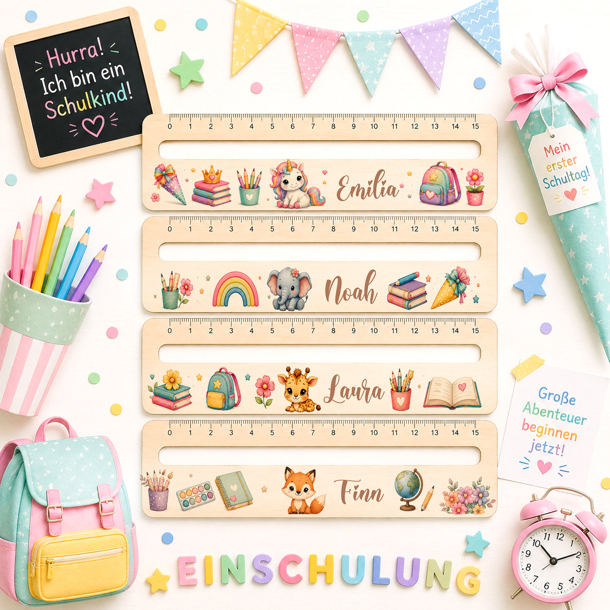 Personalisierte Lesehilfe aus Naturholz mit Wunschname und integriertem Lineal für Schulanfänger als Geschenk zur Einschulung mit Einhorn, Elefant, Giraffe und Fuchs Motiv