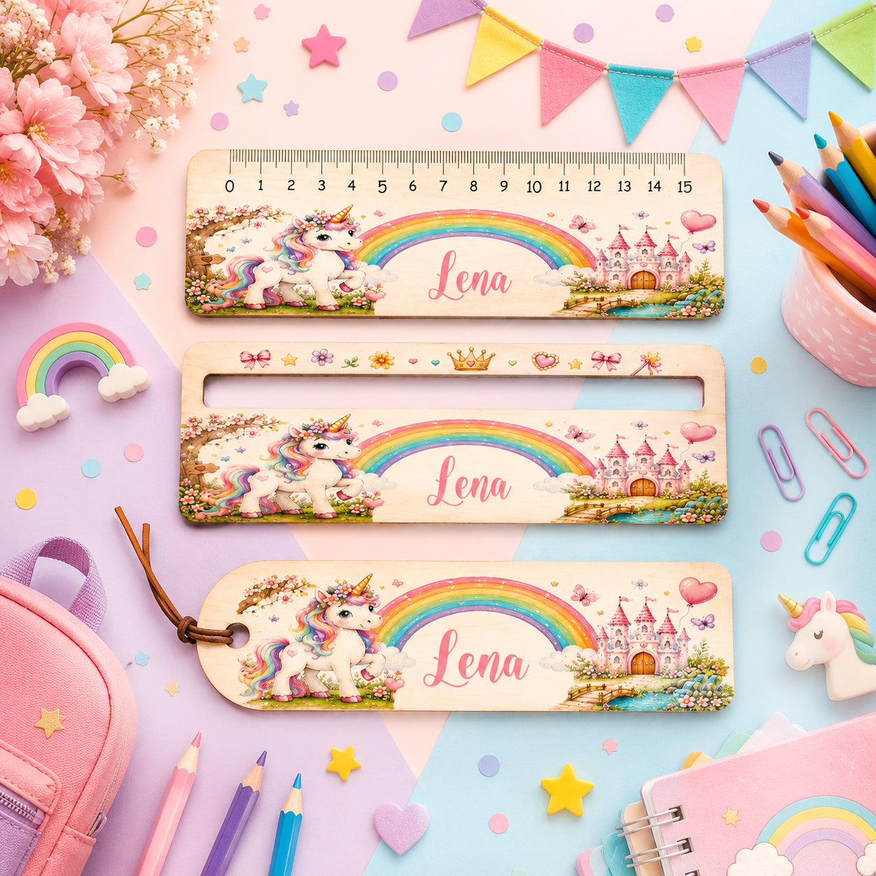 Personalisierte Lesehilfe aus Holz mit Einhorn, Regenbogen, Märchenschloss und Wunschname. Holz-Lineal, Lesezeichen oder Set zur Einschulung für kleine Einhorn-Fans.
