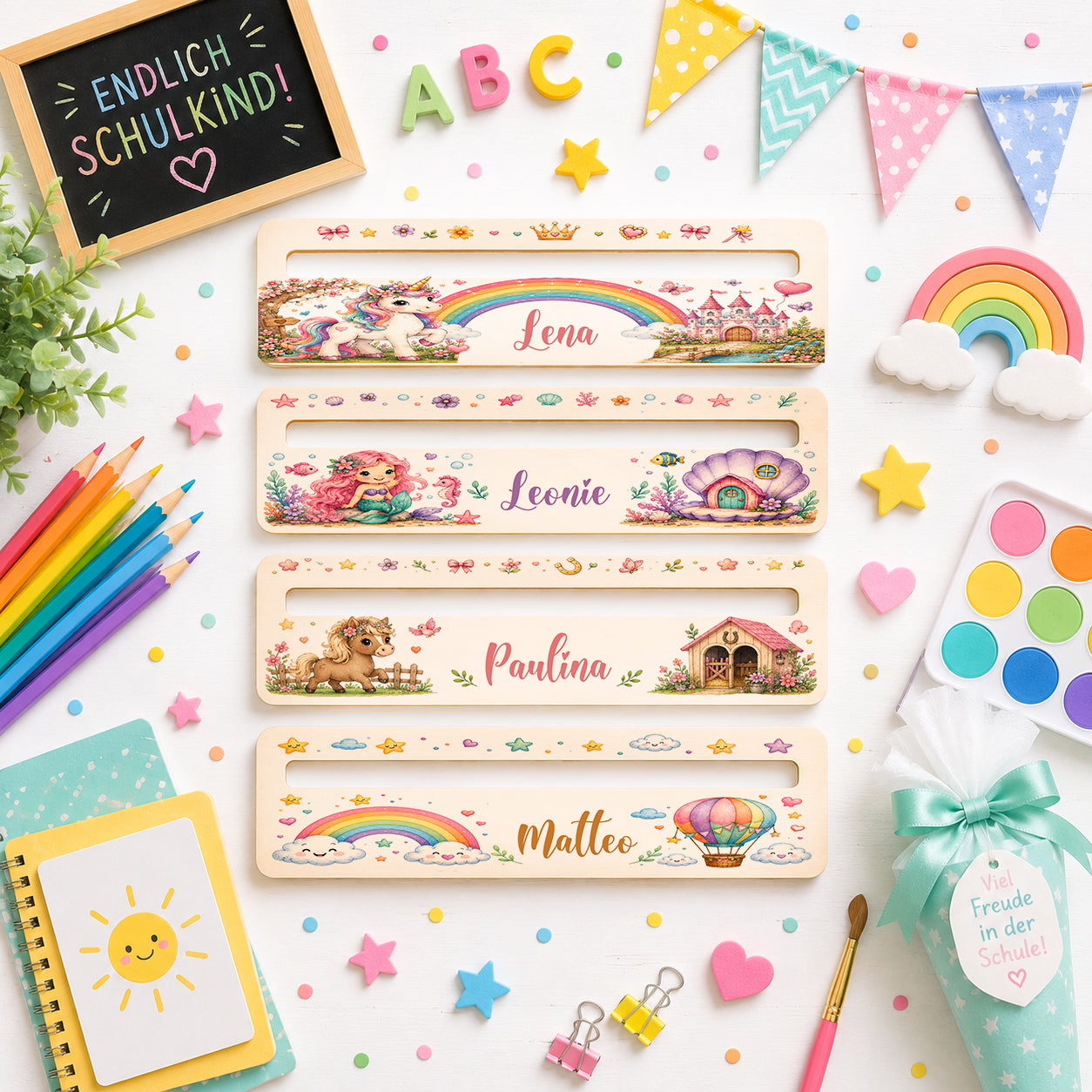 Personalisierte Lesehilfe aus Naturholz mit Wunschname und integriertem Lineal für Mädchen mit Einhorn, Meerjungfrau, Pony und Regenbogen Motiv zur Einschulung