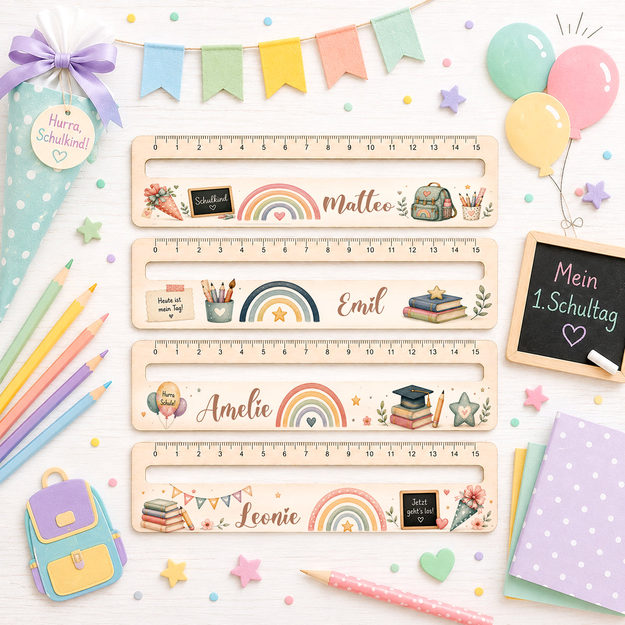 Personalisierte Lesehilfe aus Holz mit Name und integriertem Lineal als Geschenk zur Einschulung für Schulanfänger mit Schulkind Motiv, Regenbogen und Schultüte