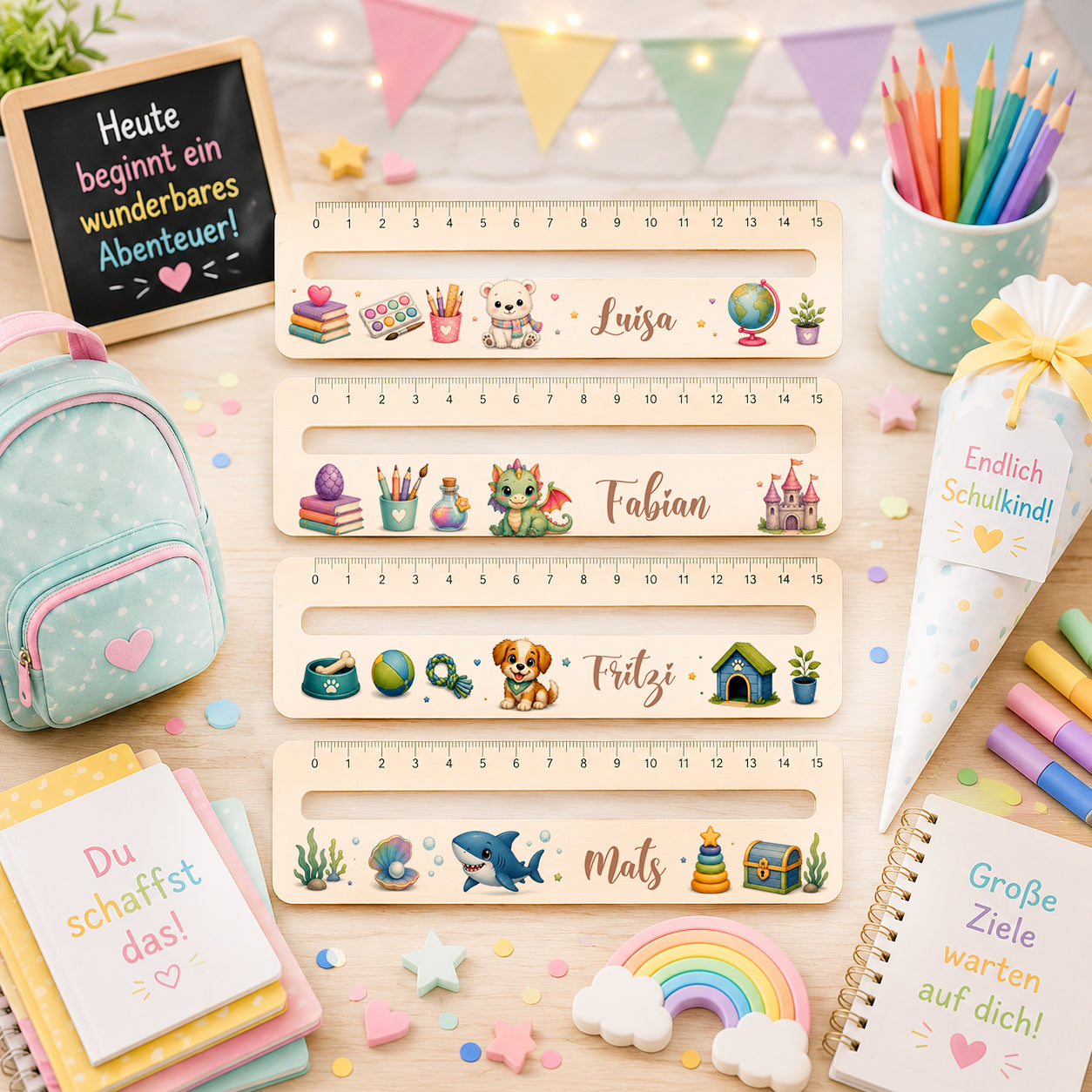 Personalisierte Lesehilfe aus Holz mit Wunschname und integriertem Lineal für Kinder mit Eisbär, Drache, Hund und Hai Motiv zur Einschulung