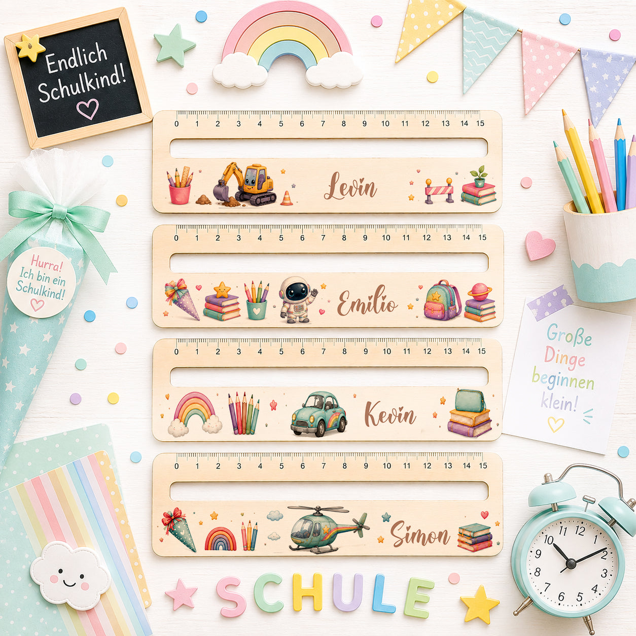 Personalisierte Lesehilfe aus Holz mit Name und integriertem Lineal für Jungen mit Bagger, Astronaut, Auto und Hubschrauber Motiv als Geschenk zur Einschulung