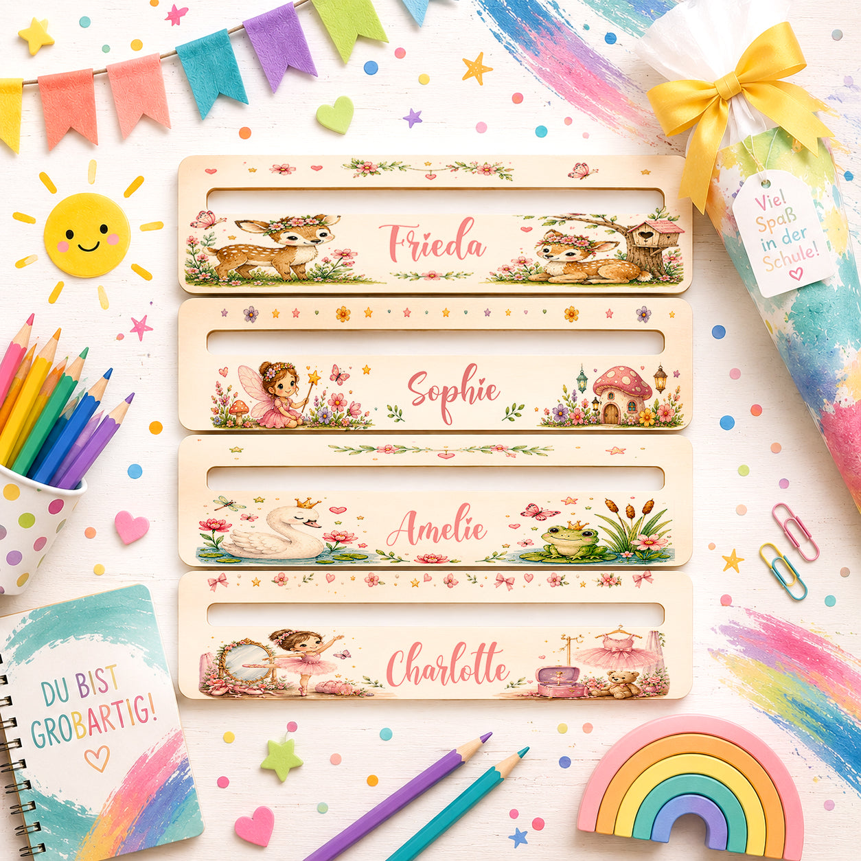 Personalisierte Lesehilfe aus Holz mit Wunschname für Mädchen mit Rehkitz, Fee, Schwan, Frosch und Ballerina als Geschenk zur Einschulung