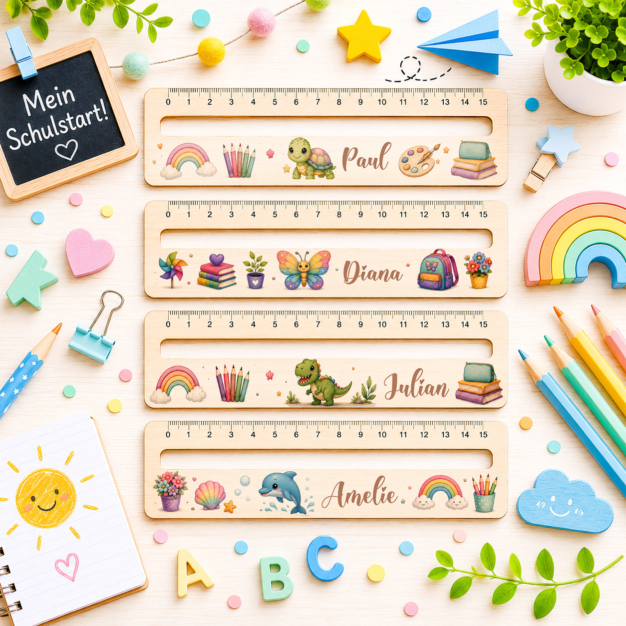 Personalisierte Lesehilfe aus Holz mit Name und integriertem Lineal für Schulanfänger mit Schildkröte, Schmetterling, Dinosaurier und Delfin Motiv als Geschenk zur Einschulung