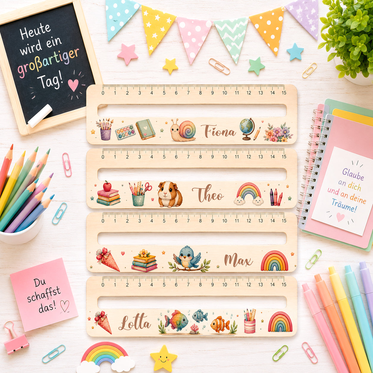 Personalisierte Lesehilfe aus Holz mit Wunschname und integriertem Lineal für Kinder mit Schnecke, Meerschweinchen, Vogel und Fisch Motiv zur Einschulung