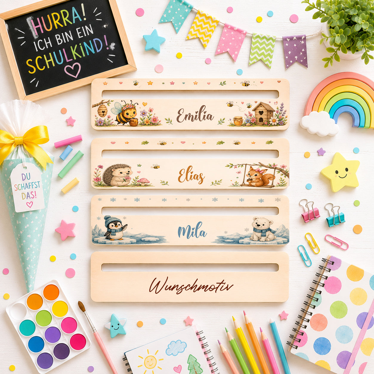 Personalisierte Lesehilfe aus Holz mit Wunschname und frei wählbarem Wunschmotiv als Geschenk zur Einschulung und Schultütenfüllung