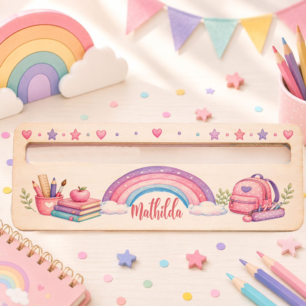 Personalisierte Lesehilfe aus Holz mit rosa Regenbogen – Lineal, Lesezeichen oder Set zur Einschulung